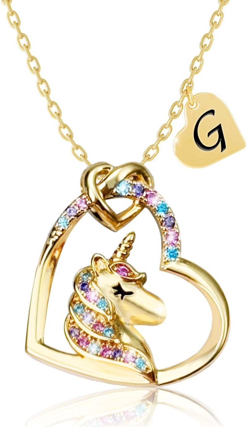 PYXC Valentines Day Gifts - Unicorn Necklace Gifts for Girls, Gold CZ Heart Unicorn Jewelry Initial Girls Birthday Colorful Heart Necklace Birthday present - Image 1